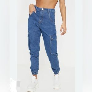 Pretty Little Thing Mid Wash Cargo Pocket Jeans